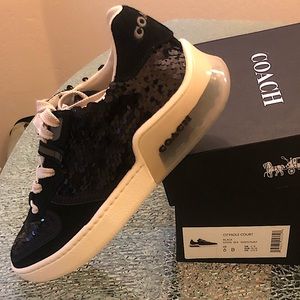 Size 6. Coach Sneaker. Black, sequin with suede accent. Very comfortable.